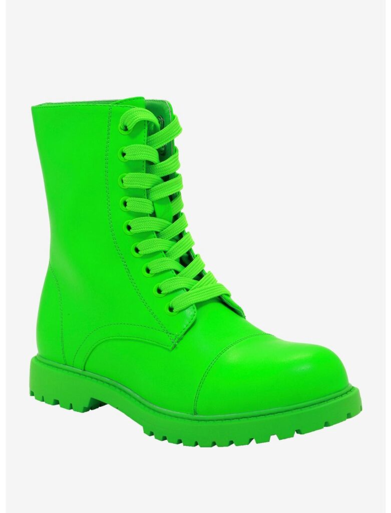a neon green combat boot