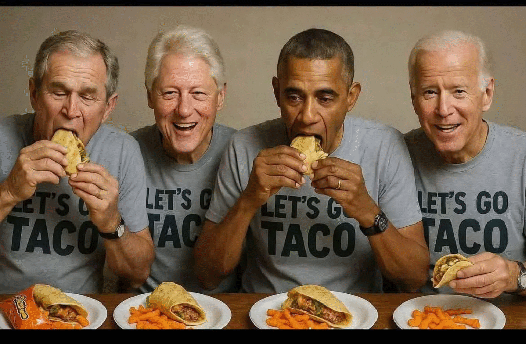250601 four past presidents, bush, clinton, obama, and biden, all wearing T-shirts that say "LET'S GO TACO", eating tacos